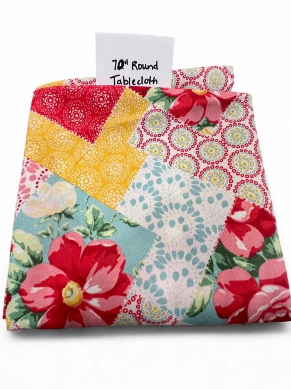 Floral Patchwork Round Tablecloth in Red, Yellow & Aqua